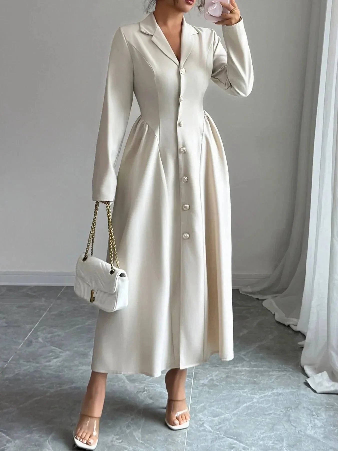 Button - Front Long Sleeve Dress - VILLA FASHION